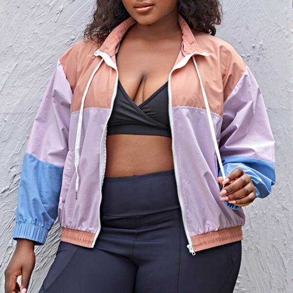 

Plus Cut And Sew Drawstring Sports Jacket, Multicolor
