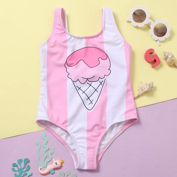 

Toddler Girls Ice Cream & Striped One Piece Swimsuit, Multicolor