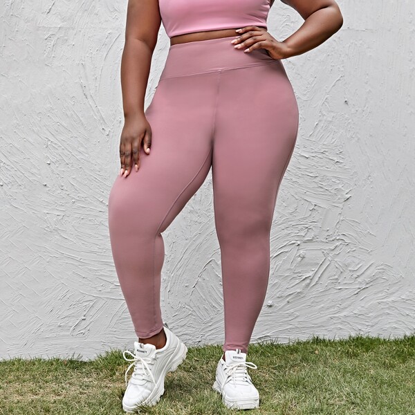 

Plus Wide Band Waist Solid Sports Leggings, Dusty pink