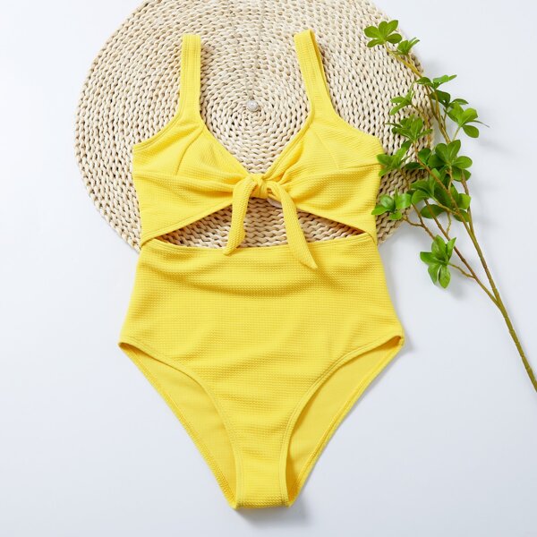 

Textured Cut-out Knot Front One Piece Swimsuit, Yellow