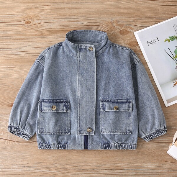 

Toddler Boys Funnel Neck Flap Pocket Denim Jacket, Light wash