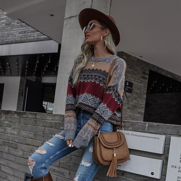

Geo Pattern Drop Shoulder Sweater, Multicolor