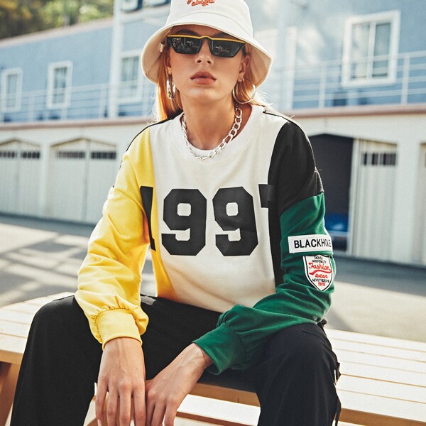

Letter Graphic Patched Drop Shoulder Sweatshirt, Multicolor