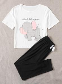 Cartoon Graphic Bow Front Pyjama Set - Black and White - View 3