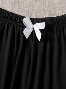Cartoon Graphic Bow Front Pyjama Set - Black and White - View 4