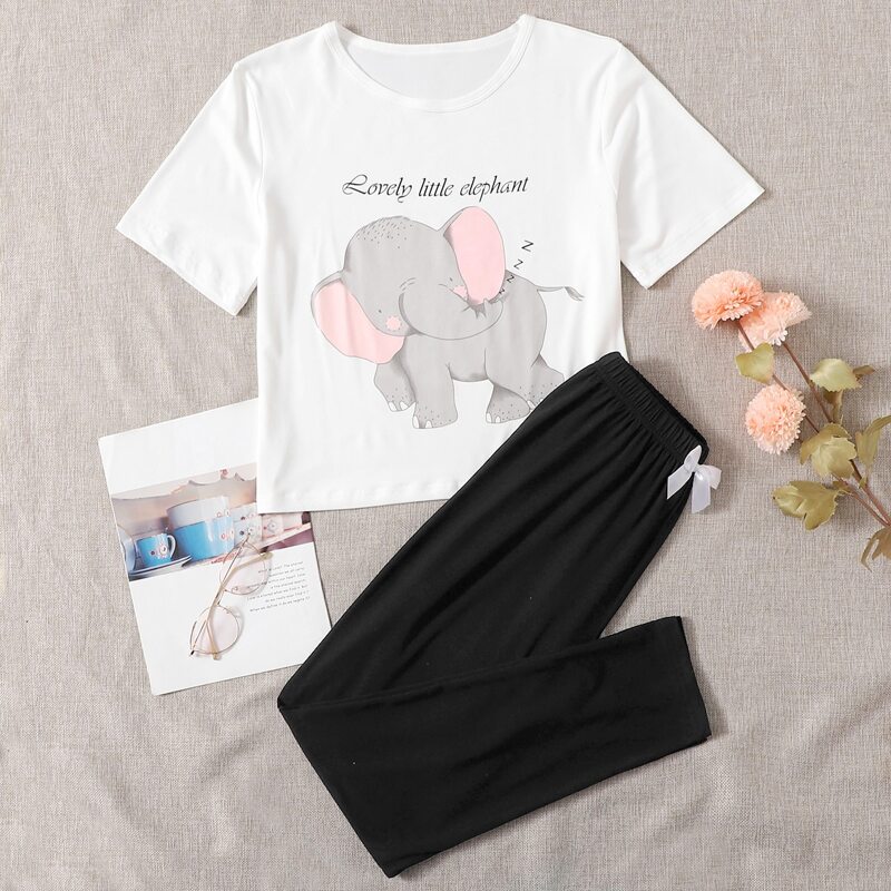 

Cartoon Graphic Bow Front Pajama Set, Black and white