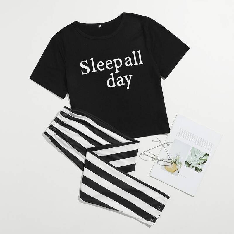 

Slogan And Striped Pajama Set, Black and white