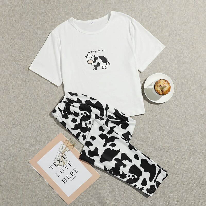 

Cartoon And Letter Graphic Pajama Set, Black and white