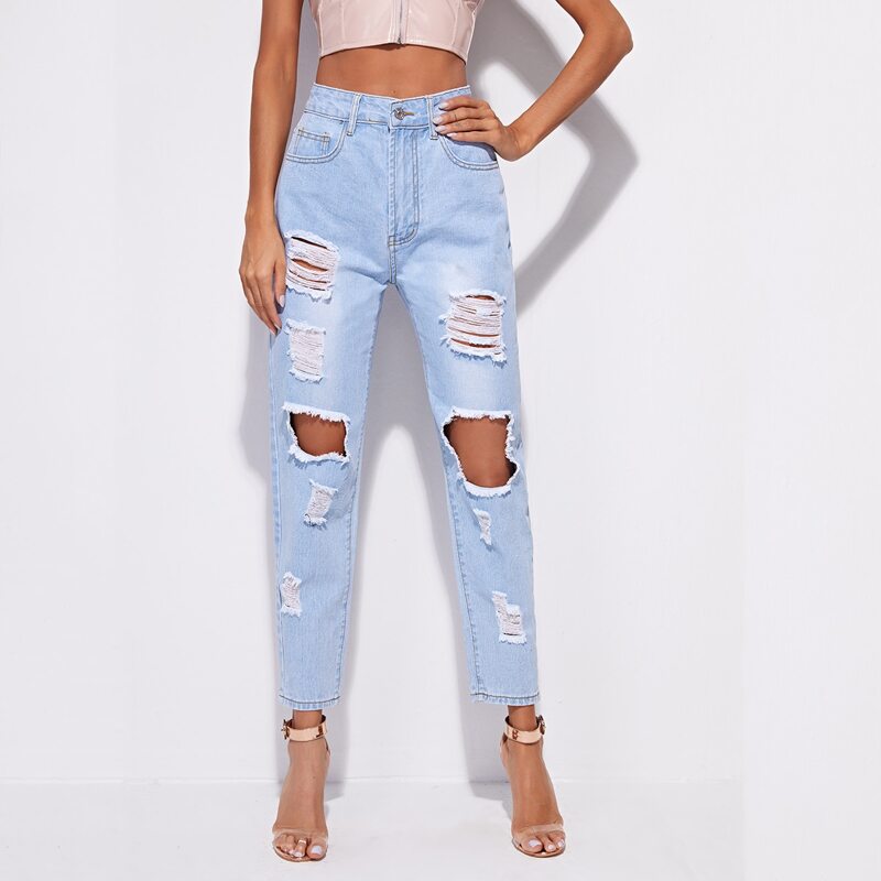 

High-Waisted Distressed Straight Jeans, Light wash