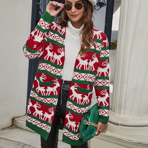 

Drop Shoulder Christmas Pattern Cardigan, Multicolor