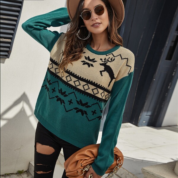 

Drop Shoulder Christmas Pattern Sweater, Multicolor