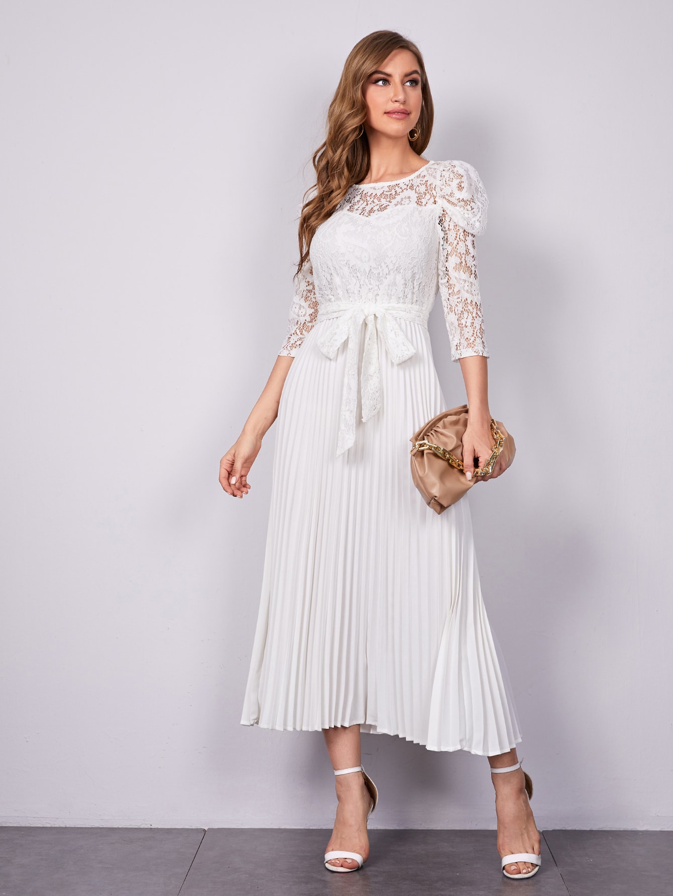 Gigot Sleeve Lace Bodice Belted Pleated Hem Dress thumbnail