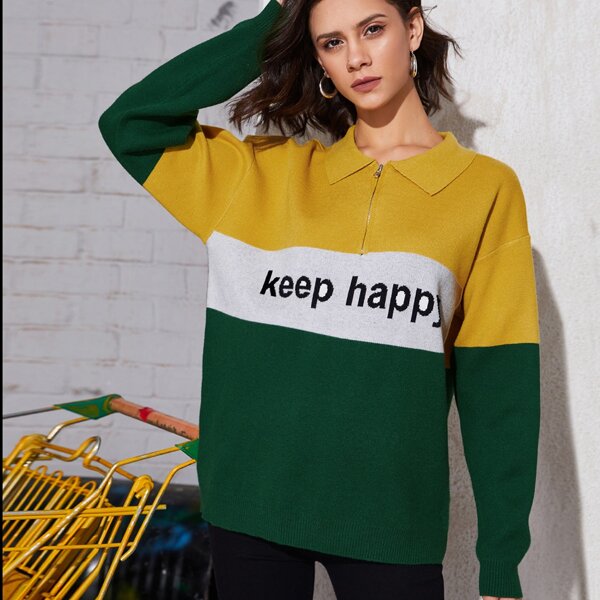 

Letter Pattern Colorblock Zip Half Placket Sweater, Multicolor