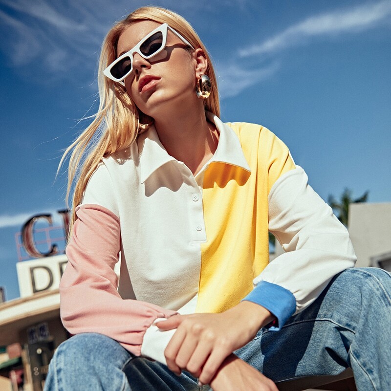 

Drop Shoulder Button Half Placket Colorblock Sweatshirt, Multicolor