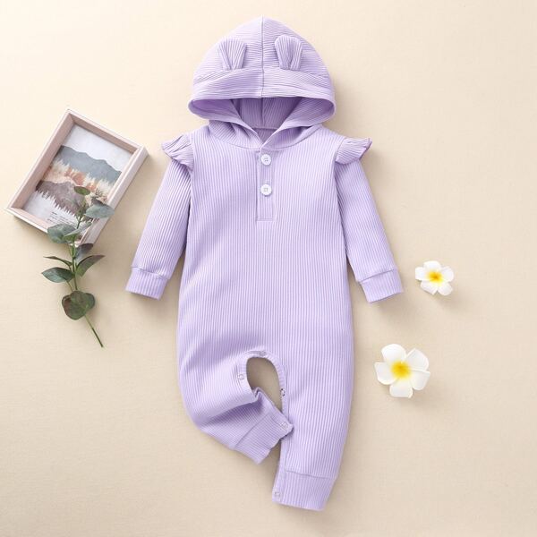 

Baby Girl 3D Ear Design Ruffle Trim Hooded Jumpsuit, Lilac purple