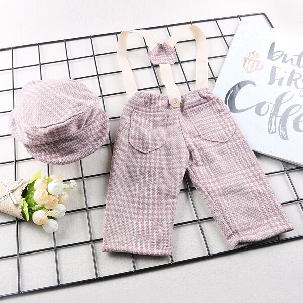 

Newborn Unisex Houndstooth Suspender Pants & Hat Photo Outfit, Pink