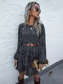 SHEIN LUNE Ditsy Floral Print Layered Hem Dress Without Belt - Black - View 1