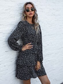 SHEIN LUNE Ditsy Floral Print Layered Hem Dress Without Belt - Black - View 4