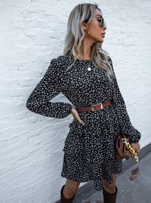 SHEIN LUNE Ditsy Floral Print Layered Hem Dress Without Belt - Black - View 5