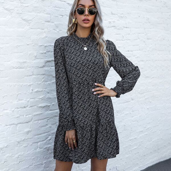 

Ditsy Floral Print Ruffle Hem Smock Dress, Black