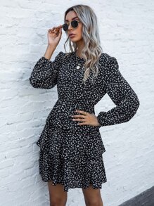 SHEIN LUNE Ditsy Floral Print Layered Hem Dress Without Belt - Black - View 6