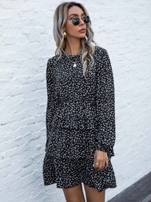 SHEIN LUNE Ditsy Floral Print Layered Hem Dress Without Belt - Black - View 7