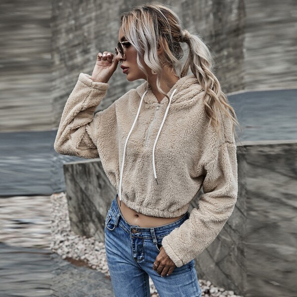 

Drop Shoulder Teddy Drawstring Hoodie, Apricot