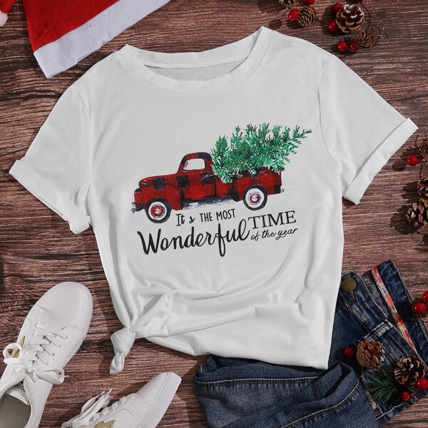 

Car & Slogan Graphic Round Neck Tee, White