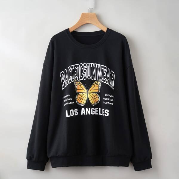 

Slogan & Butterfly Print Drop Shoulder Sweatshirt, Black