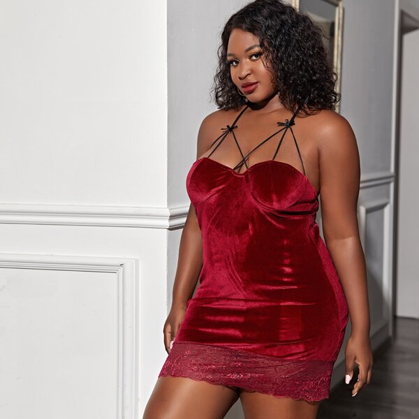 

Plus Velvet Lace Trim Slips With Thong, Burgundy