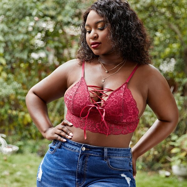 

Plus Lace-up Front Floral Lace Bralette, Burgundy