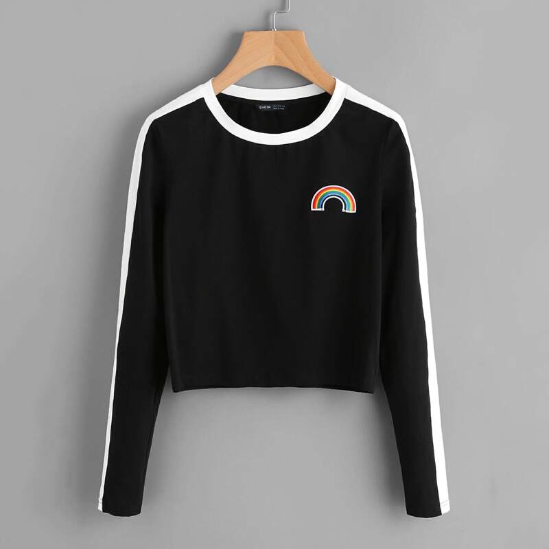 

Rainbow Patch Contrast Panel Crop Tee, Black