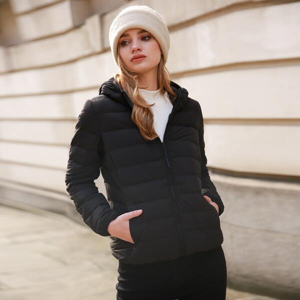 

Zipper Placket Hooded Solid Down Coat, Black