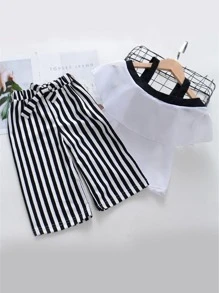 Top de hombros descubiertos con pantalones de rayas - Blanco y Negro - Ver 1