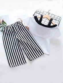Top de hombros descubiertos con pantalones de rayas - Blanco y Negro - Ver 2