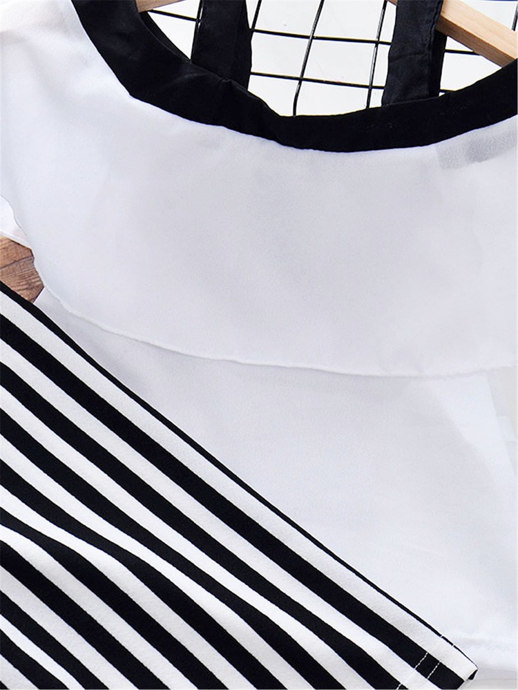 Toddler Girls Cold Shoulder Top With Stripe Print Pants - Black and White - View 3