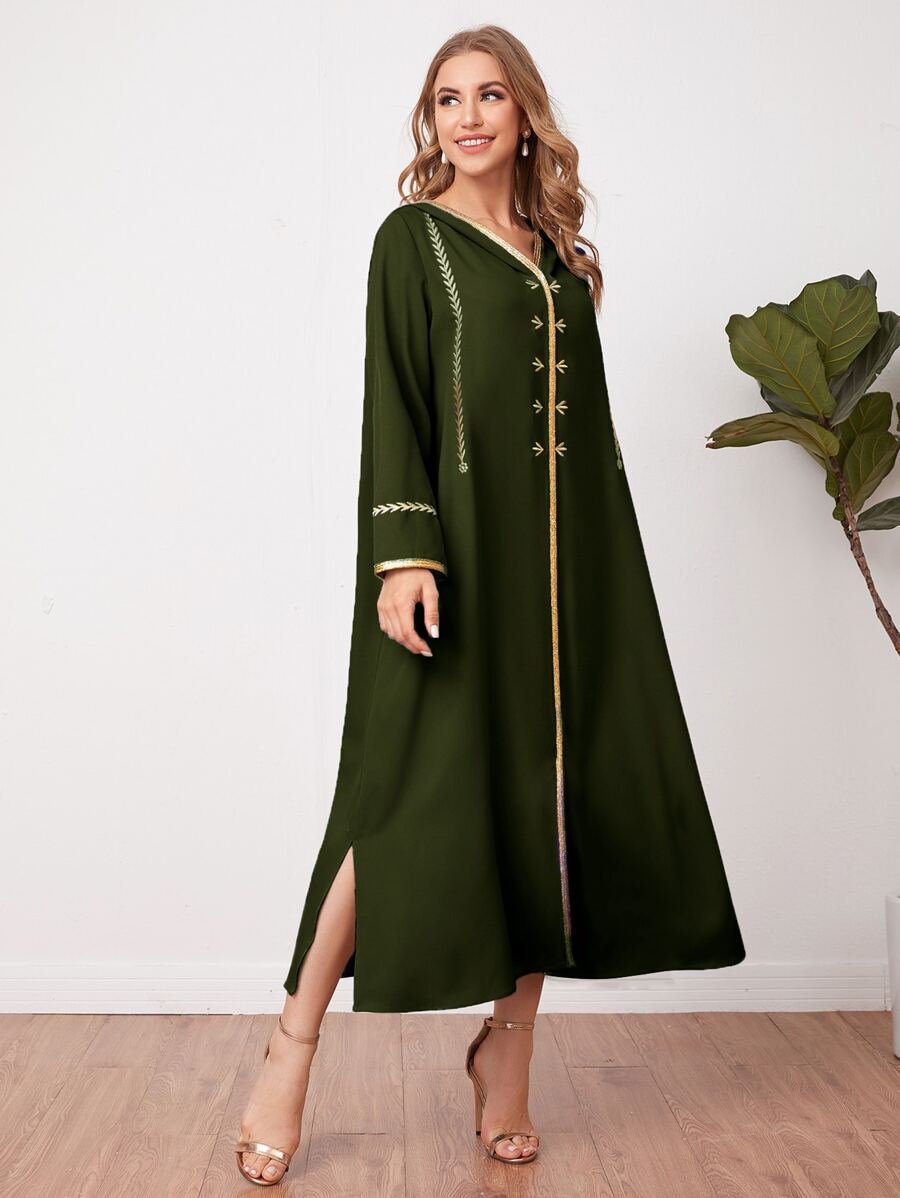 Al Najma Embroidery Detail Split Hem Djellaba - Army Green - View 1