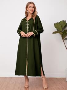 Al Najma Embroidery Detail Split Hem Djellaba - Army Green - View 3