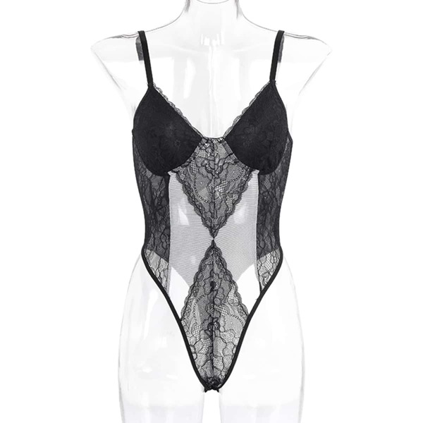 

Contrast Mesh Floral Lace Teddy Bodysuit, Black and white