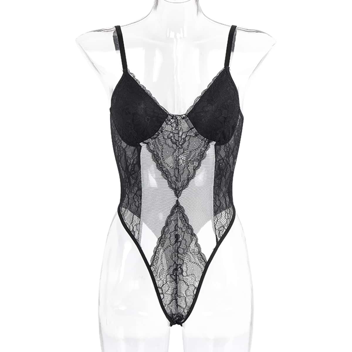 

Contrast Mesh Floral Lace Teddy Bodysuit, Black and white