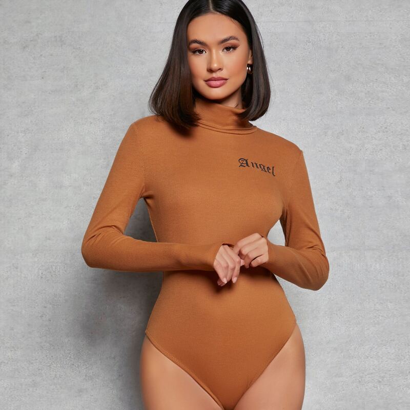 

Letter Graphic High Neck Bodysuit, Brown