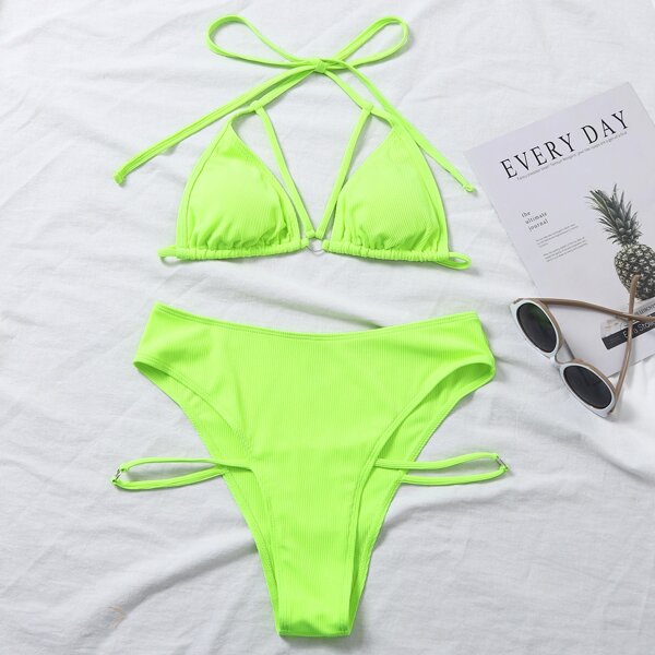 

Neon Lime Harness Triangle Bikini Swimsuit, Neon lime green