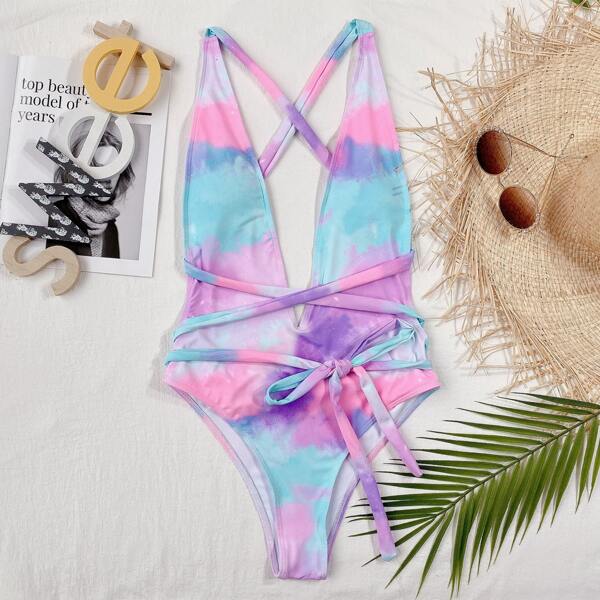 

Tie Dye Knot Front Plunging One Piece Swimsuit, Multicolor