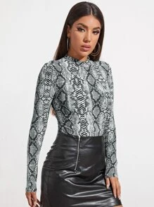 SHEIN Privé Body de cuello alzado con patrón de piel de serpiente - Multicolor - Ver 4