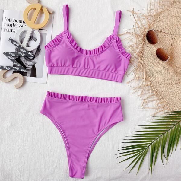 

Frill Trim High Waisted Bikini Swimsuit, Purple