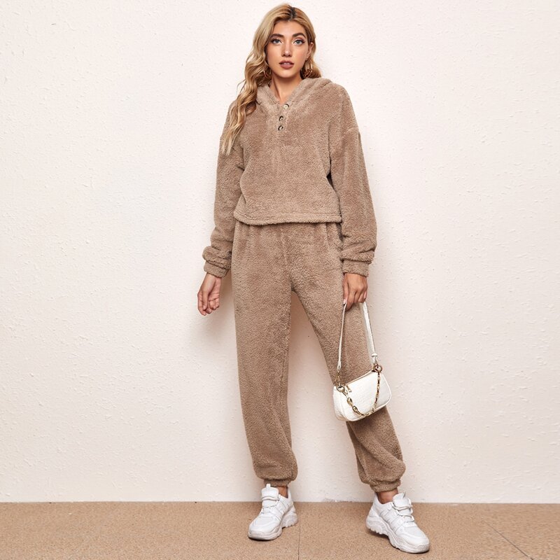 

Drop Shoulder Teddy Hoodie & Pants Set, Mocha brown