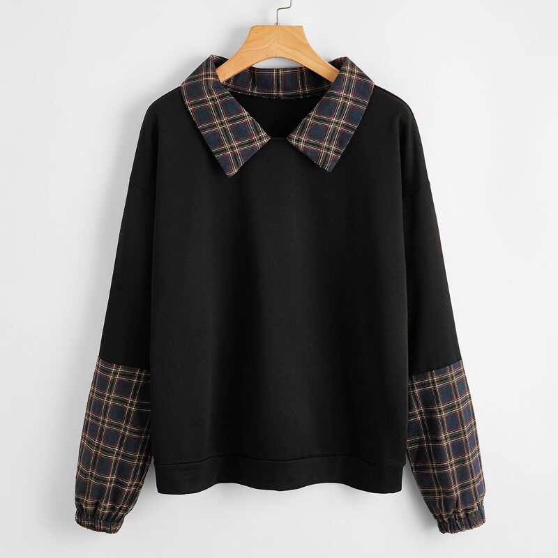 

Contrast Plaid-Collar Drop Shoulder Sweatshirt, Black