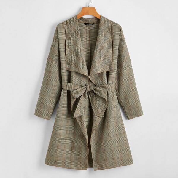 

Plaid Waterfall Neck Belted Coat, Khaki
