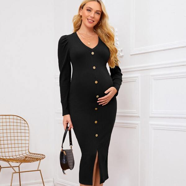 

Maternity Single Breasted Split Hem Rib-knit Dress, Black