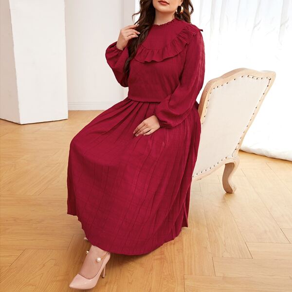 

Plus Lantern Sleeve Ruffle Trim Top & Pleated Skirt Set, Burgundy